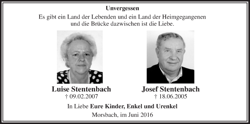  Traueranzeige für Josef Stentenbach vom 22.06.2016 aus  Lokalanzeiger 