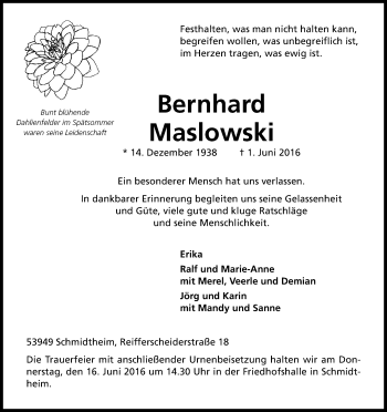 Anzeige von Bernhard Maslowski von Kölner Stadt-Anzeiger / Kölnische Rundschau / Express