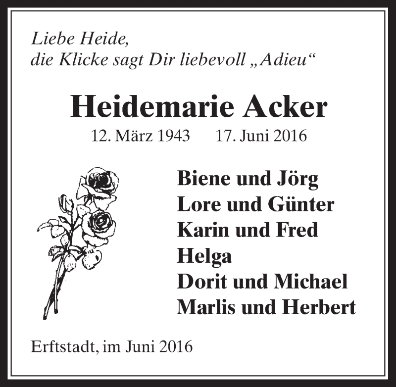  Traueranzeige für Heidemarie Acker vom 29.06.2016 aus  Werbepost 