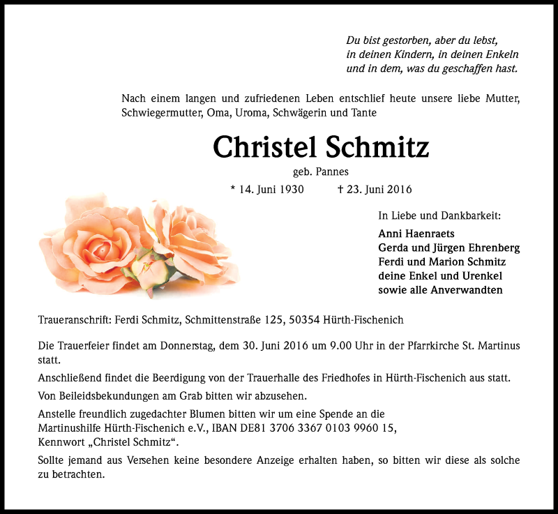  Traueranzeige für Christel Schmitz vom 25.06.2016 aus Kölner Stadt-Anzeiger / Kölnische Rundschau / Express
