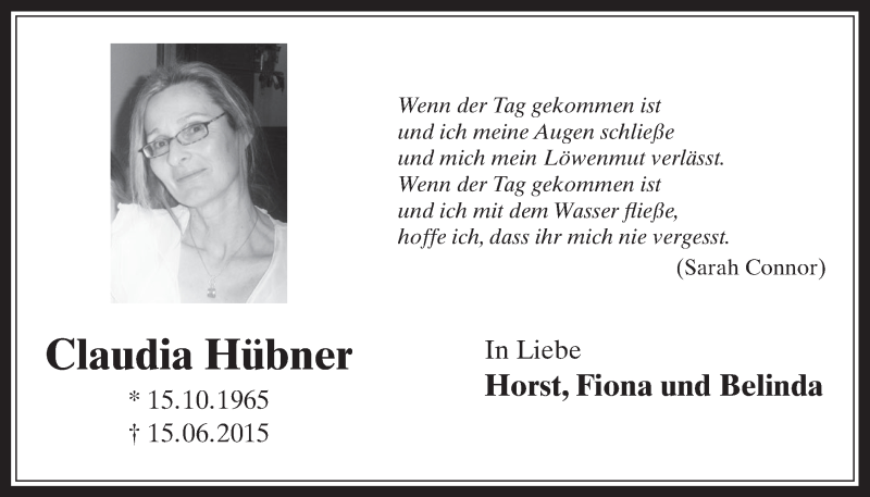  Traueranzeige für Claudia Hübner vom 15.06.2016 aus  Werbepost 