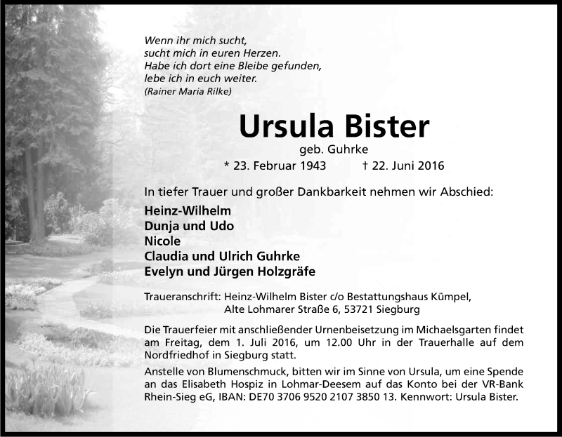  Traueranzeige für Ursula Bister vom 27.06.2016 aus Kölner Stadt-Anzeiger / Kölnische Rundschau / Express