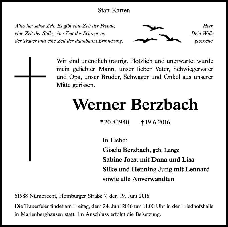  Traueranzeige für Werner Berzbach vom 22.06.2016 aus Kölner Stadt-Anzeiger / Kölnische Rundschau / Express