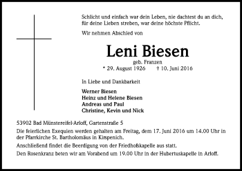 Anzeige von Leni Biesen von Kölner Stadt-Anzeiger / Kölnische Rundschau / Express
