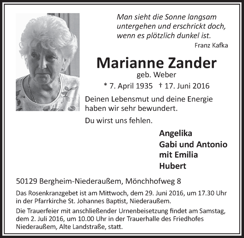  Traueranzeige für Marianne Zander vom 25.06.2016 aus  Sonntags-Post 