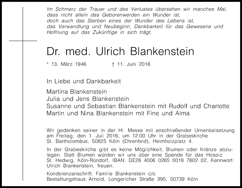  Traueranzeige für Ulrich Blankenstein vom 29.06.2016 aus Kölner Stadt-Anzeiger / Kölnische Rundschau / Express
