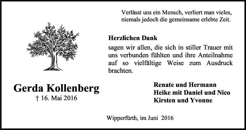  Traueranzeige für Gerda Kollenberg vom 27.06.2016 aus Kölner Stadt-Anzeiger / Kölnische Rundschau / Express