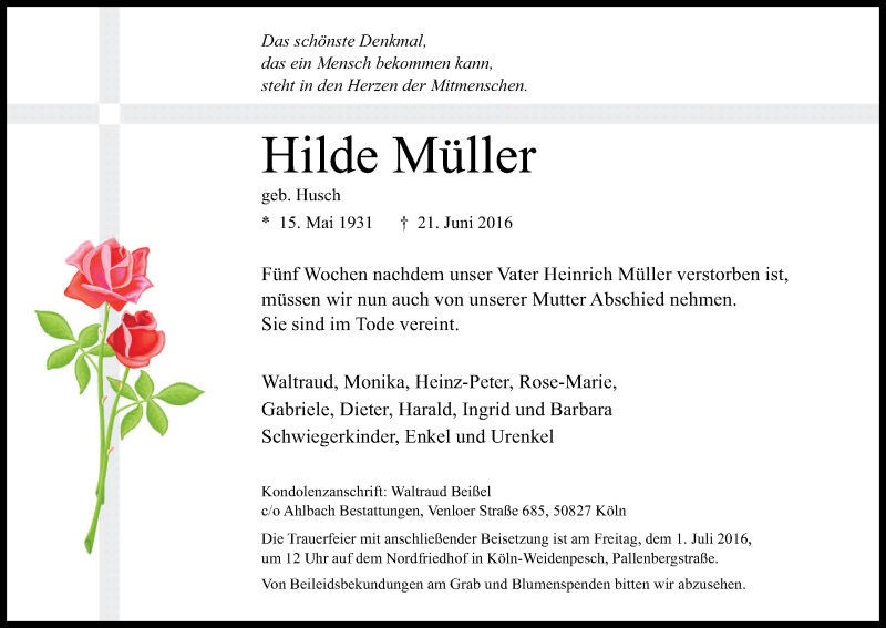  Traueranzeige für Hilde Müller vom 25.06.2016 aus Kölner Stadt-Anzeiger / Kölnische Rundschau / Express