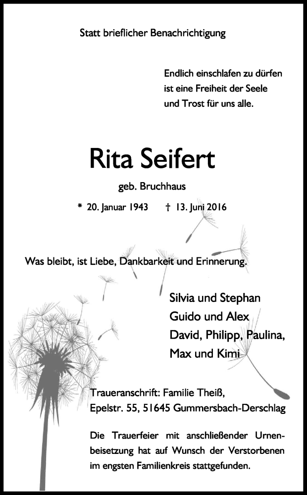 Traueranzeige für Rita Seifert vom 27.06.2016 aus Kölner Stadt-Anzeiger / Kölnische Rundschau / Express