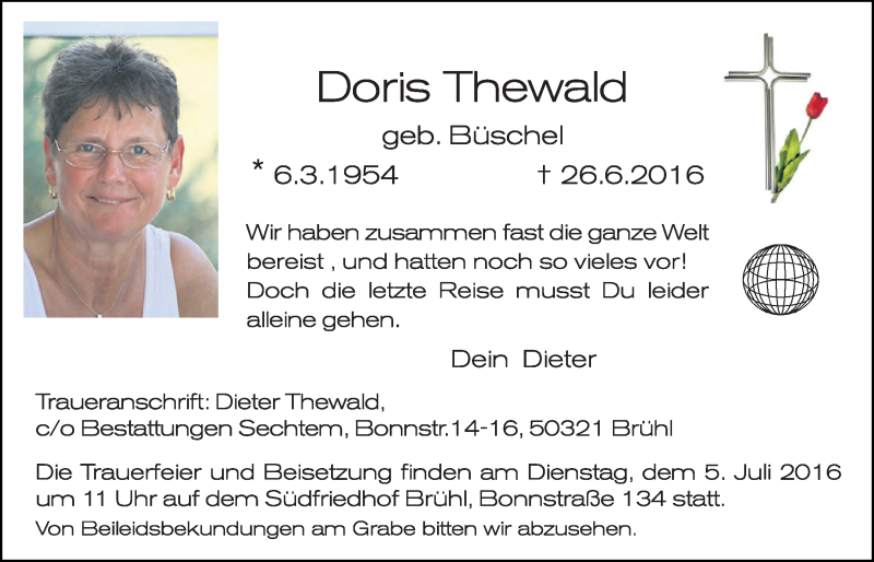  Traueranzeige für Doris Thewald vom 29.06.2016 aus  Schlossbote/Werbekurier 