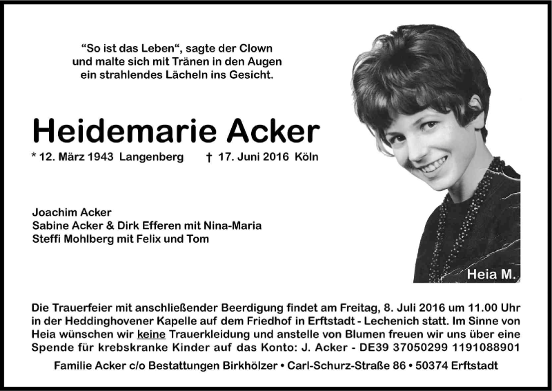 Traueranzeige für Heidemarie Acker vom 21.06.2016 aus Kölner Stadt-Anzeiger / Kölnische Rundschau / Express