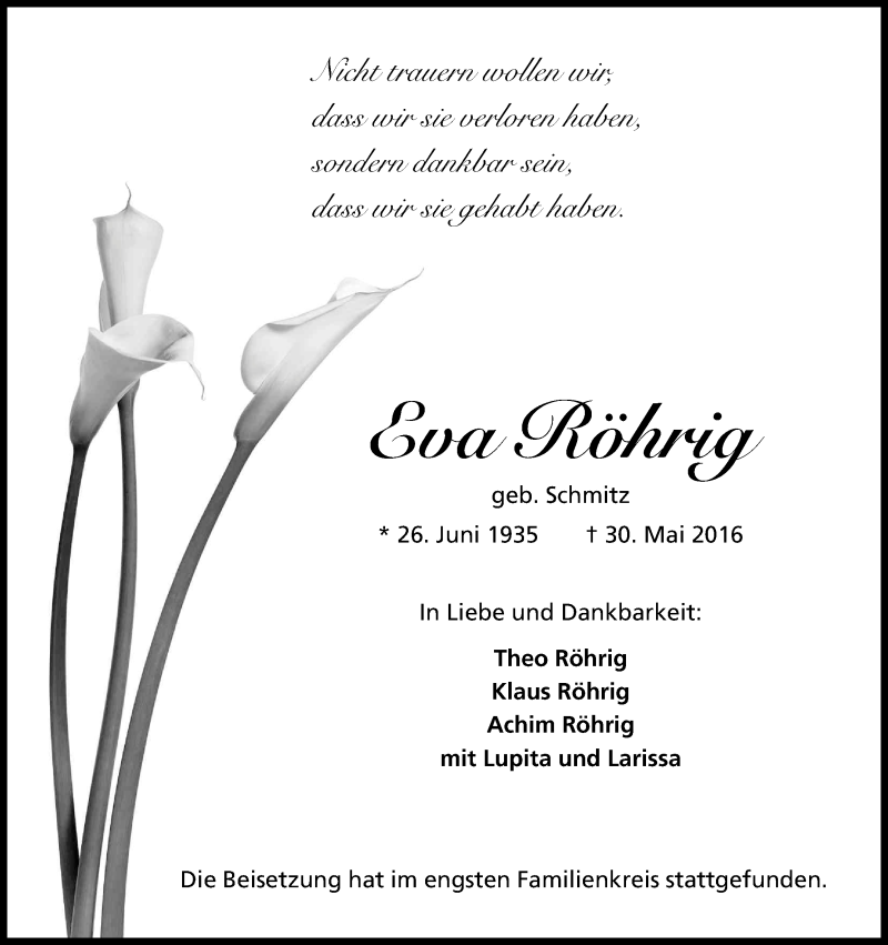  Traueranzeige für Eva Röhrig vom 10.06.2016 aus Kölner Stadt-Anzeiger / Kölnische Rundschau / Express