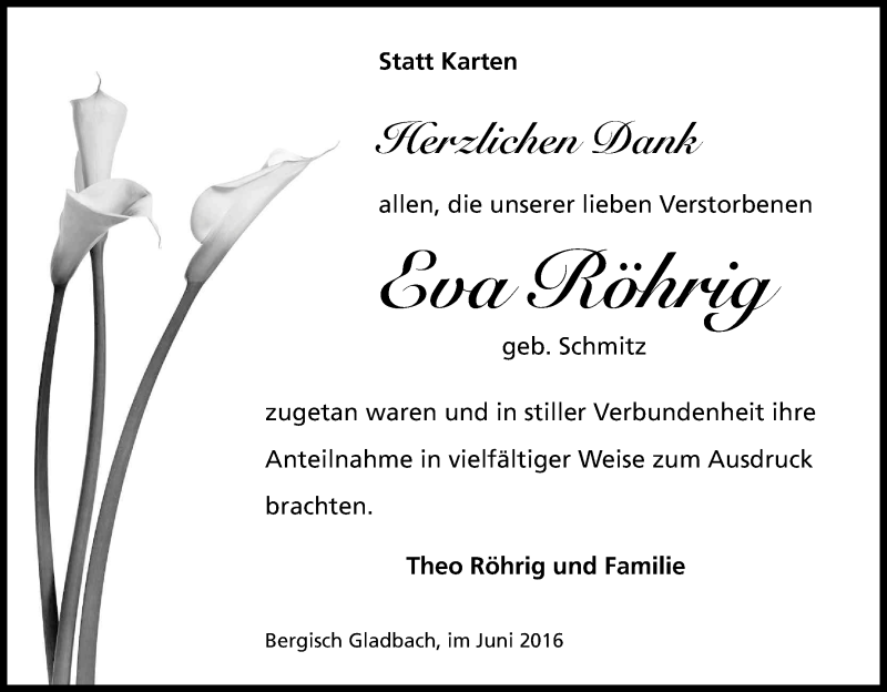  Traueranzeige für Eva Röhrig vom 24.06.2016 aus Kölner Stadt-Anzeiger / Kölnische Rundschau / Express
