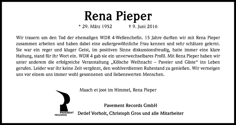  Traueranzeige für Rena Pieper vom 22.06.2016 aus Kölner Stadt-Anzeiger / Kölnische Rundschau / Express