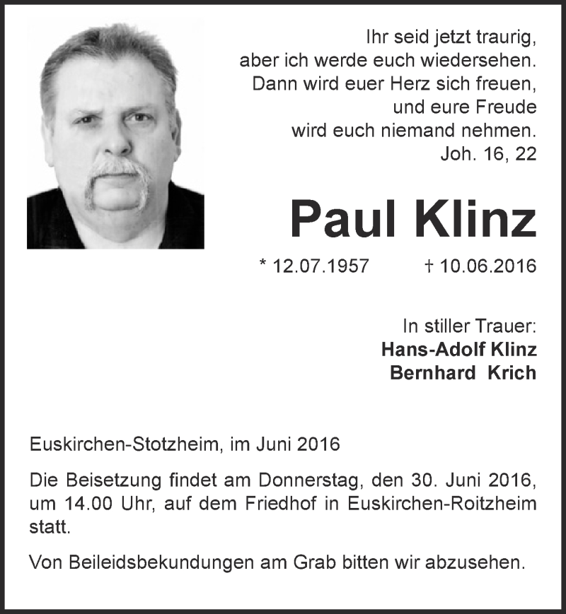  Traueranzeige für Paul Klinz vom 25.06.2016 aus  Blickpunkt Euskirchen 