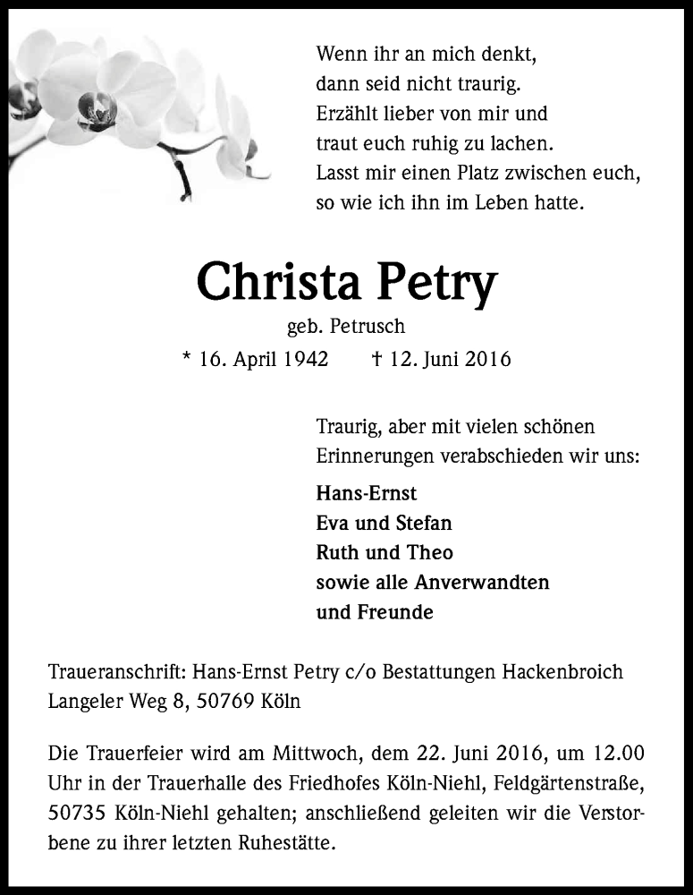  Traueranzeige für Christa Petry vom 18.06.2016 aus Kölner Stadt-Anzeiger / Kölnische Rundschau / Express