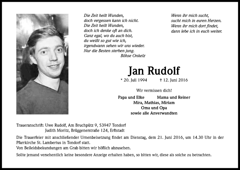  Traueranzeige für Jan Rudolf vom 17.06.2016 aus Kölner Stadt-Anzeiger / Kölnische Rundschau / Express