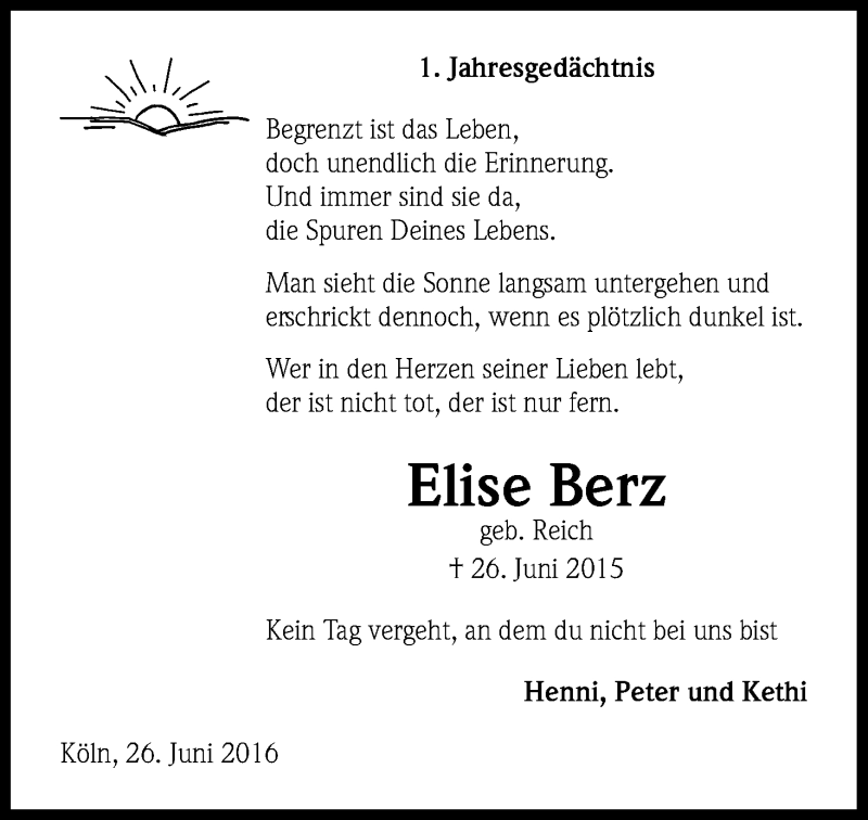  Traueranzeige für Elise Berz vom 27.06.2016 aus Kölner Stadt-Anzeiger / Kölnische Rundschau / Express