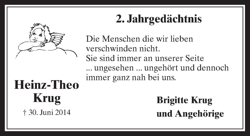  Traueranzeige für Heinz-Theo Krug vom 29.06.2016 aus  Werbepost 