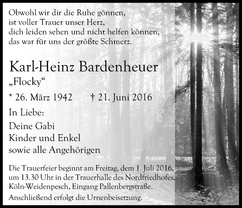 Traueranzeige für Karl-Heinz Bardenheuer vom 25.06.2016 aus Kölner Stadt-Anzeiger / Kölnische Rundschau / Express