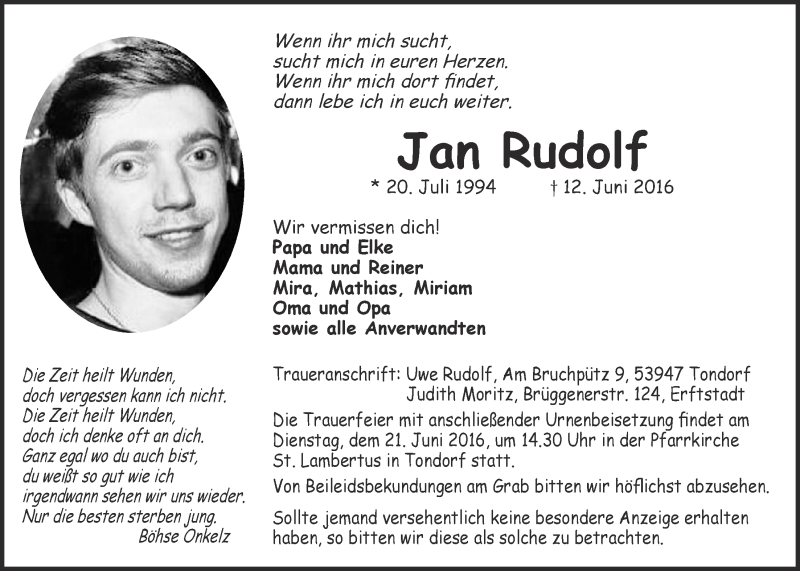  Traueranzeige für Jan Rudolf vom 18.06.2016 aus  Sonntags-Post 
