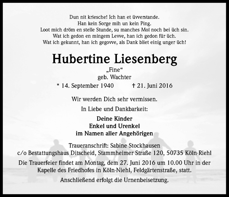  Traueranzeige für Hubertine Liesenberg vom 23.06.2016 aus Kölner Stadt-Anzeiger / Kölnische Rundschau / Express