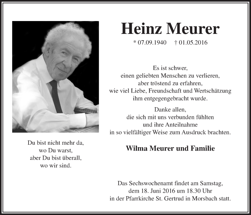  Traueranzeige für Heinz Meurer vom 15.06.2016 aus  Lokalanzeiger 