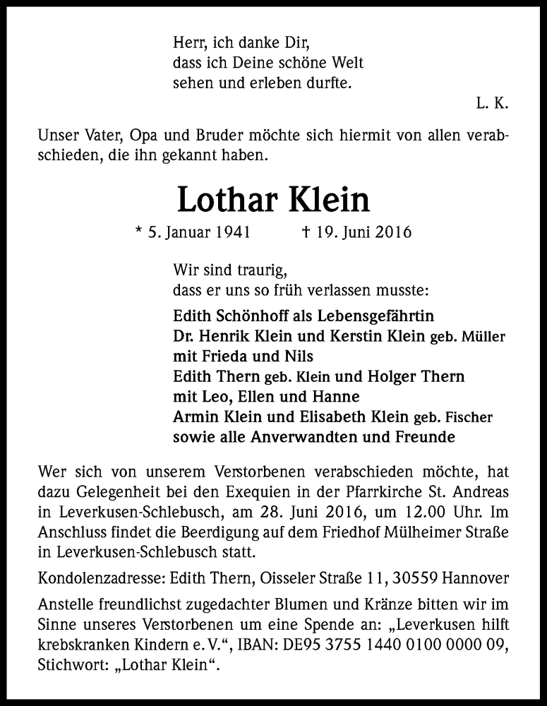  Traueranzeige für Lothar Klein vom 25.06.2016 aus Kölner Stadt-Anzeiger / Kölnische Rundschau / Express