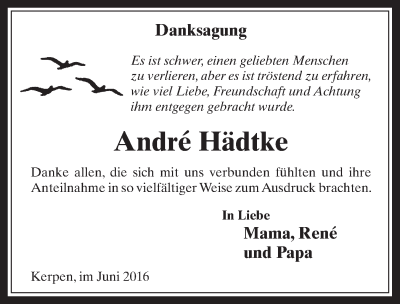  Traueranzeige für André Hädtke vom 22.06.2016 aus  Werbepost 