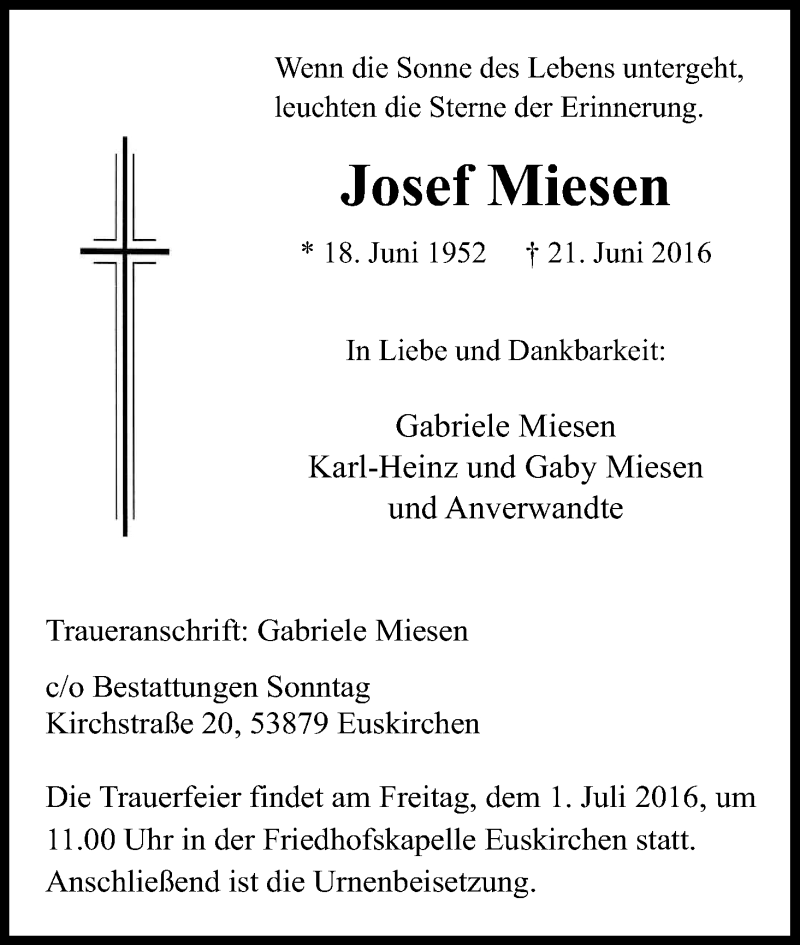  Traueranzeige für Josef Miesen vom 27.06.2016 aus Kölner Stadt-Anzeiger / Kölnische Rundschau / Express