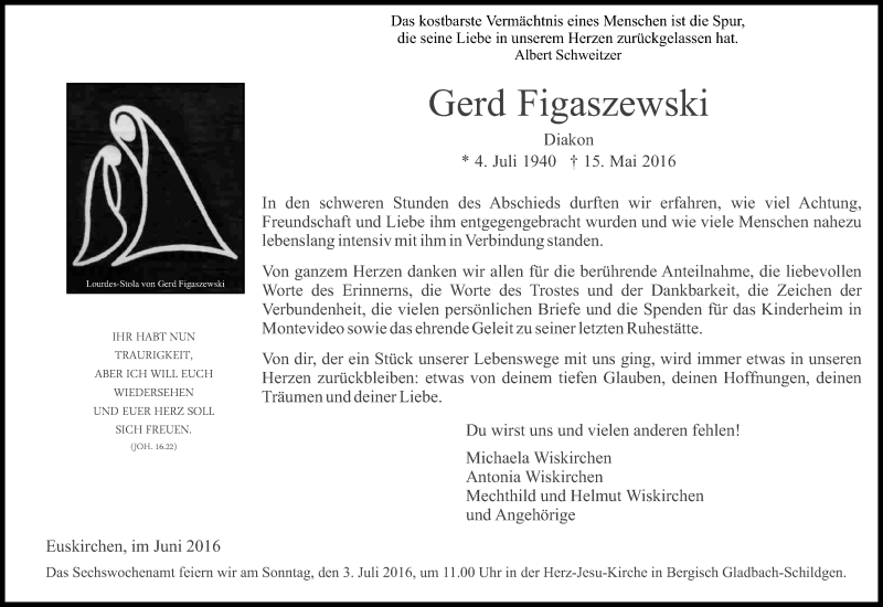  Traueranzeige für Gerd Figaszewski vom 27.06.2016 aus Kölner Stadt-Anzeiger / Kölnische Rundschau / Express