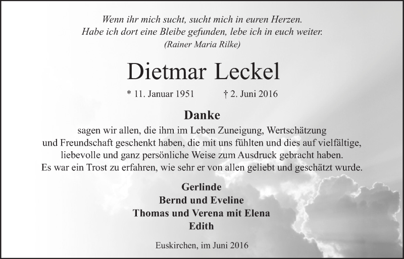  Traueranzeige für Dietmar Leckel vom 25.06.2016 aus  Blickpunkt Euskirchen 