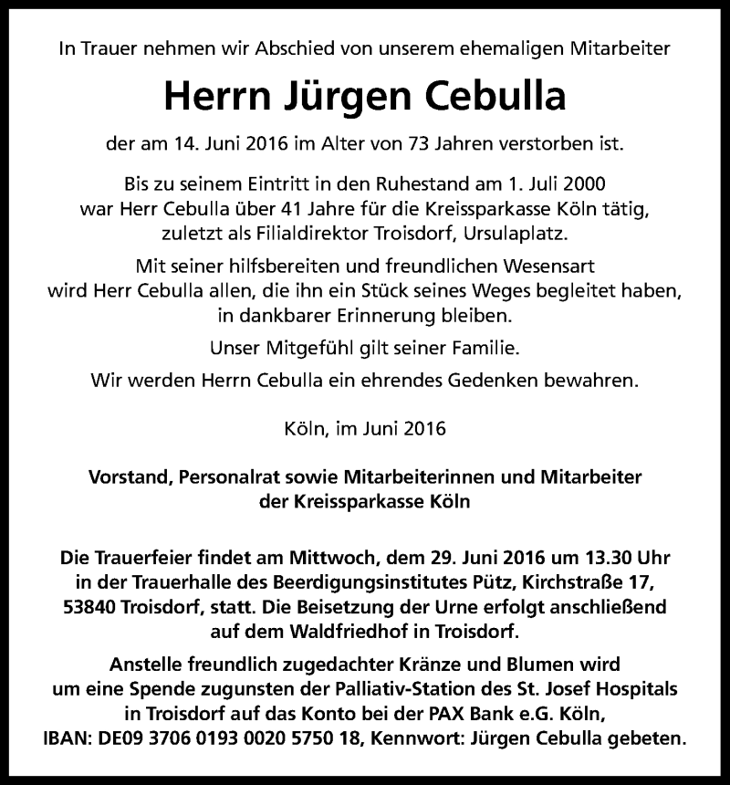  Traueranzeige für Jürgen Cebulla vom 27.06.2016 aus Kölner Stadt-Anzeiger / Kölnische Rundschau / Express