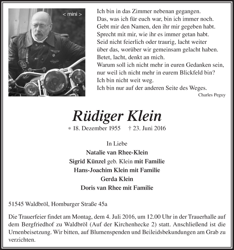  Traueranzeige für Rüdiger Klein vom 29.06.2016 aus  Lokalanzeiger 