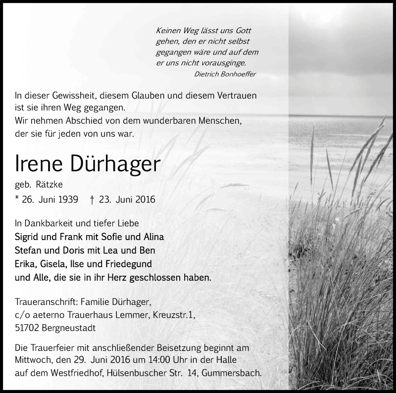  Traueranzeige für Irene Dürhager vom 27.06.2016 aus Kölner Stadt-Anzeiger / Kölnische Rundschau / Express