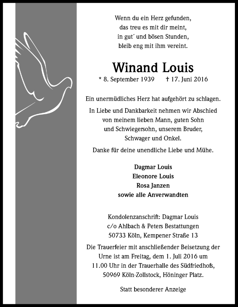  Traueranzeige für Winand Louis vom 25.06.2016 aus Kölner Stadt-Anzeiger / Kölnische Rundschau / Express