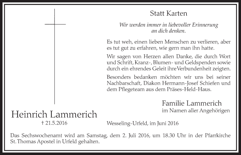  Traueranzeige für Heinrich Lammerich vom 22.06.2016 aus  Schlossbote/Werbekurier 