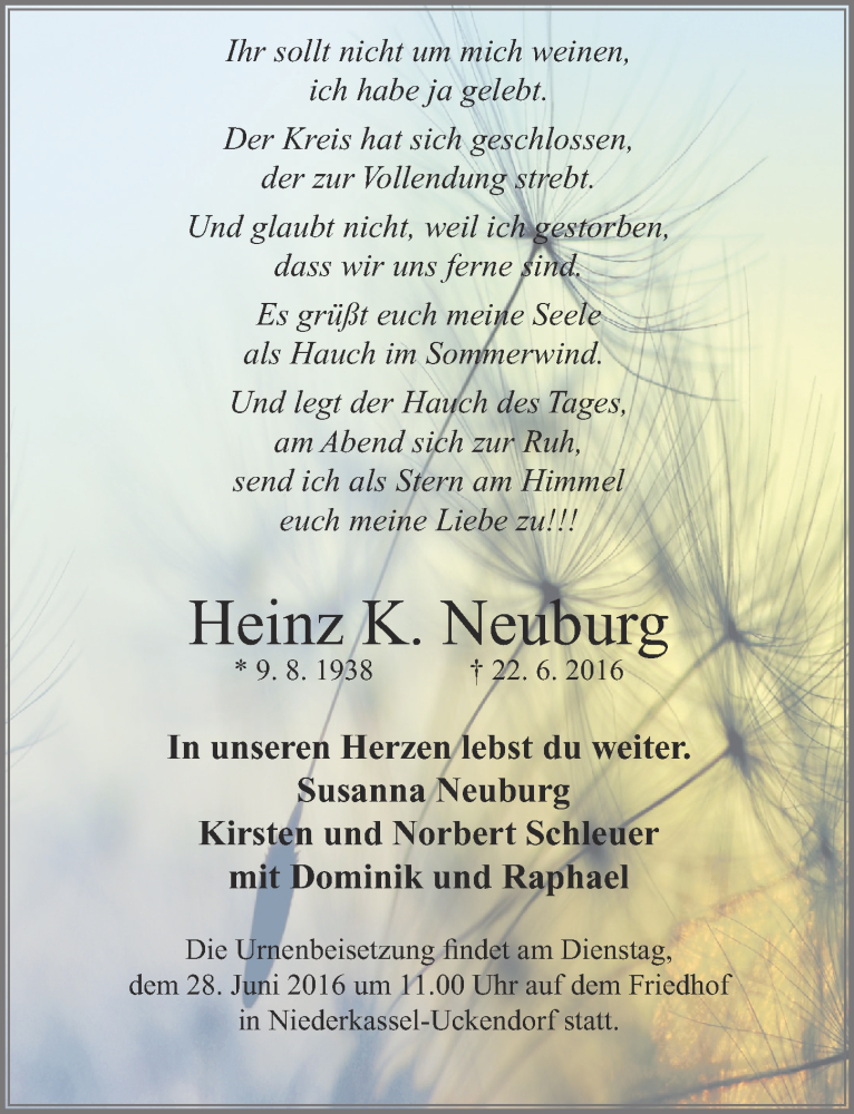  Traueranzeige für Heinz K. Neuburg vom 25.06.2016 aus  Rhein-Sieg-Wochenende 