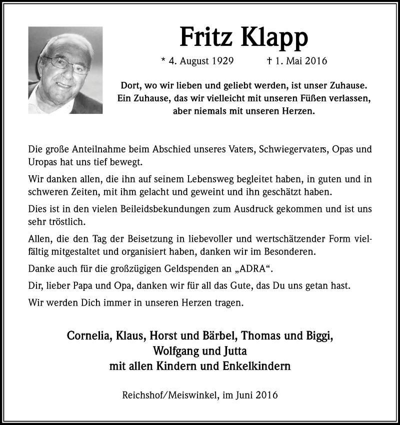  Traueranzeige für Fritz Klapp vom 11.06.2016 aus Kölner Stadt-Anzeiger / Kölnische Rundschau / Express