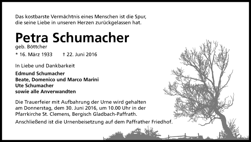  Traueranzeige für Petra Schumacher vom 27.06.2016 aus Kölner Stadt-Anzeiger / Kölnische Rundschau / Express