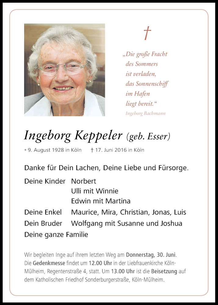  Traueranzeige für Ingeborg Keppeler vom 27.06.2016 aus Kölner Stadt-Anzeiger / Kölnische Rundschau / Express