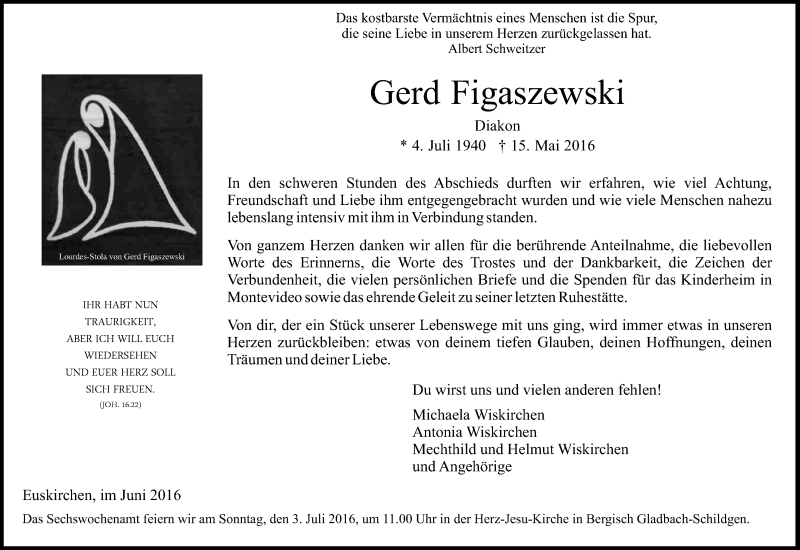 Traueranzeige für Gerd Figaszewski vom 25.06.2016 aus Kölner Stadt-Anzeiger / Kölnische Rundschau / Express