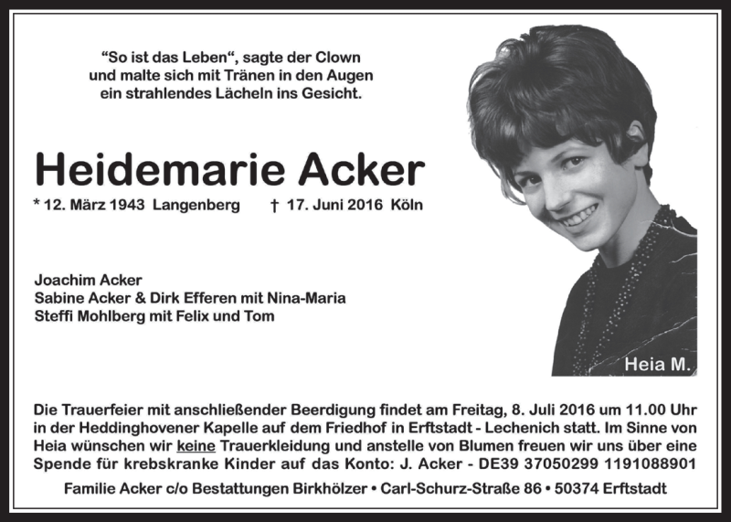  Traueranzeige für Heidemarie Acker vom 22.06.2016 aus  Wochenende  Werbepost 