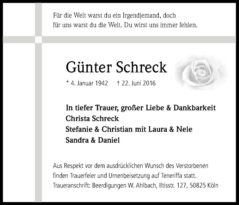  Traueranzeige für Günter Schreck vom 25.06.2016 aus Kölner Stadt-Anzeiger / Kölnische Rundschau / Express