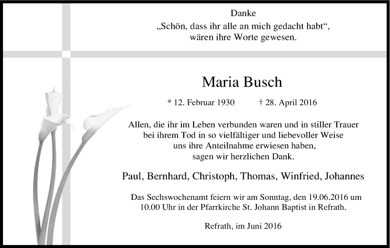  Traueranzeige für Maria Busch vom 11.06.2016 aus Kölner Stadt-Anzeiger / Kölnische Rundschau / Express