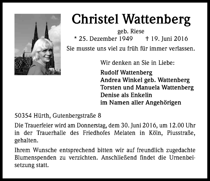  Traueranzeige für Christel Wattenberg vom 25.06.2016 aus Kölner Stadt-Anzeiger / Kölnische Rundschau / Express