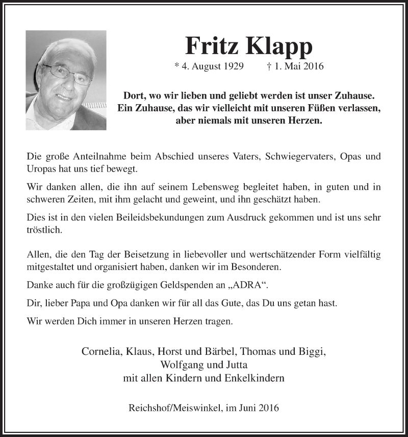  Traueranzeige für Fritz Klapp vom 15.06.2016 aus  Anzeigen Echo  Lokalanzeiger 