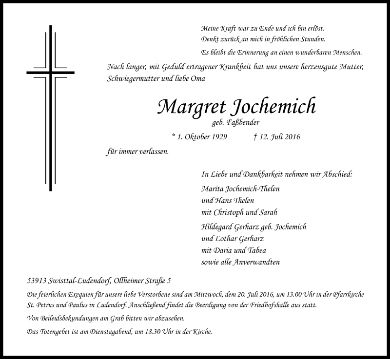  Traueranzeige für Margret Jochemich vom 16.07.2016 aus Kölner Stadt-Anzeiger / Kölnische Rundschau / Express