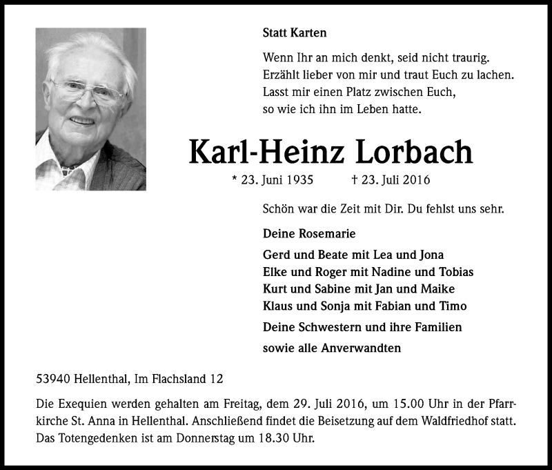  Traueranzeige für Karl-Heinz Lorbach vom 26.07.2016 aus Kölner Stadt-Anzeiger / Kölnische Rundschau / Express