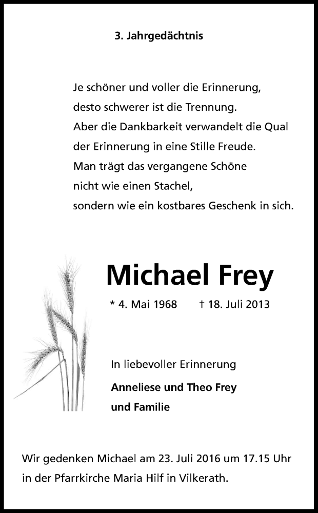  Traueranzeige für Michael Frey vom 16.07.2016 aus Kölner Stadt-Anzeiger / Kölnische Rundschau / Express
